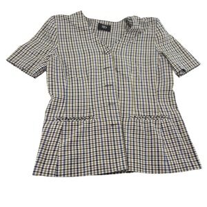 Vintage Tofy Women Plaid Short Sleeve Blazer Top Blue Tan V-Neck Button Front